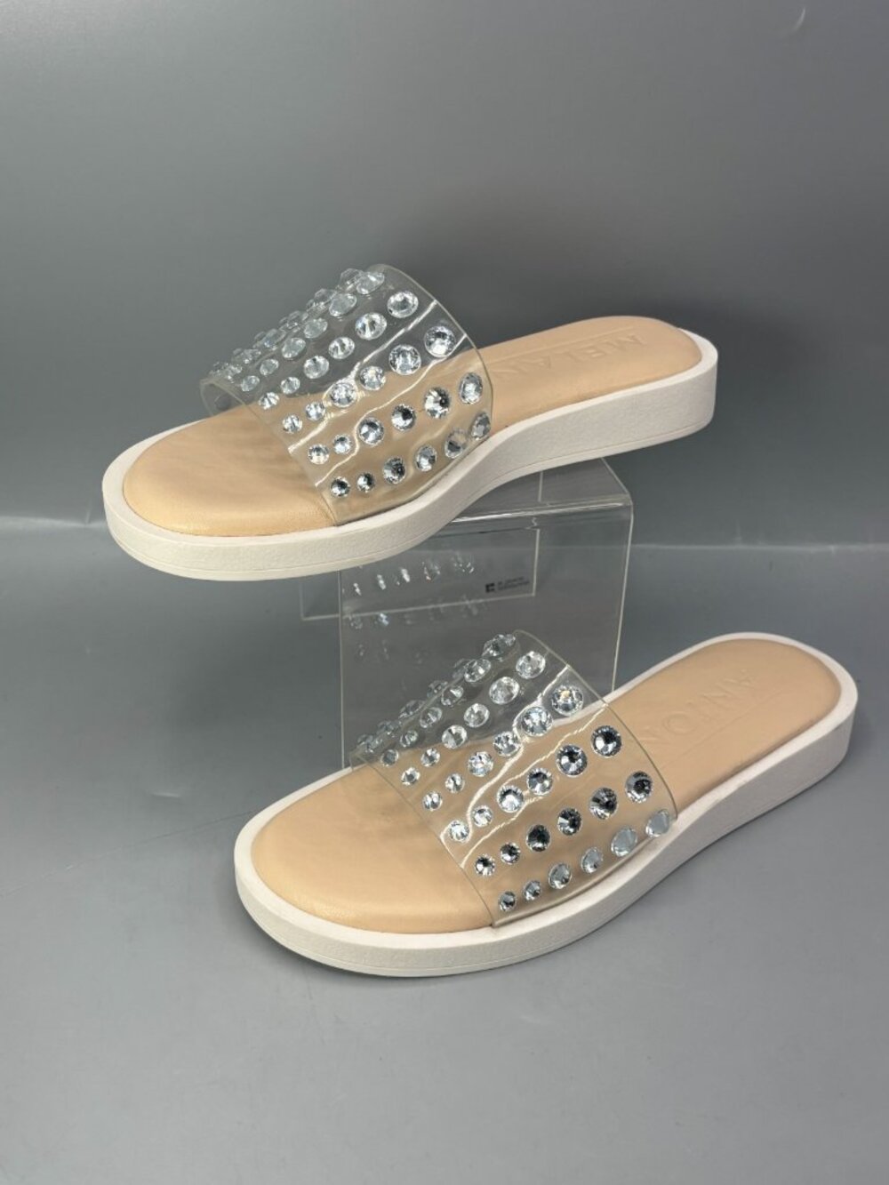 Antonio Melani Slide Sandals Womens 5 Tan Clear Rhinestones Flat Heel Slip On